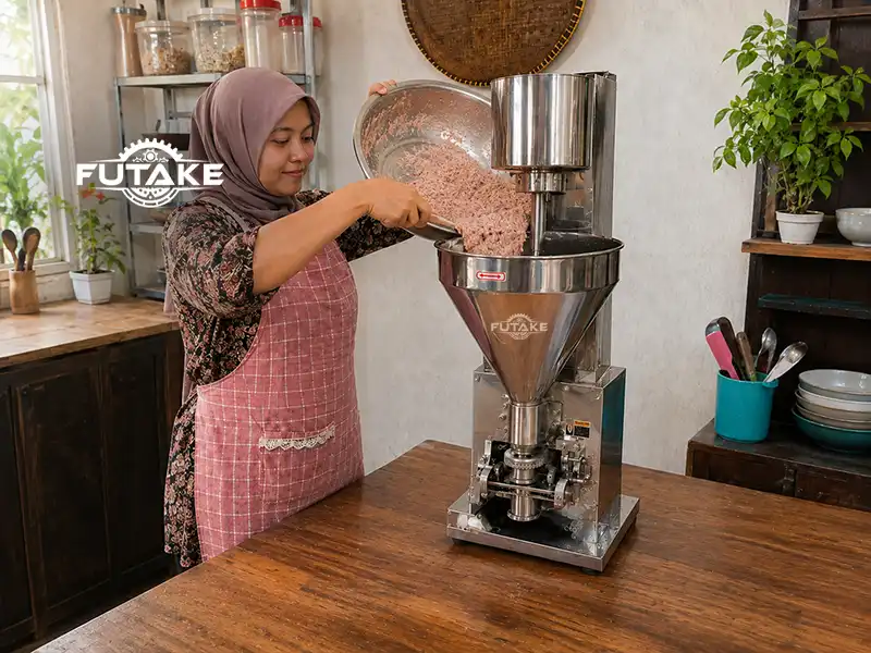 proses pembuatan bakso dengan menggunakan mesin cetak bakso dengan cara menuangkan adonan terlebih dahulu