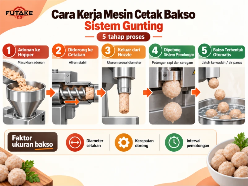 cara kerja mesin cetak bakso sistem gunting dengan step by step infografis
