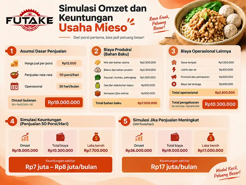 infografis simulasi omzet dan keuntungan usaha mieso dari futakebakso.com serta gambaran rinci