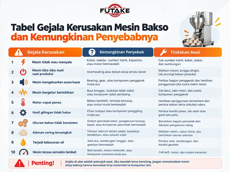 tabel gejala kerusakan mesin bakso dan kemungkinan penyebab yang terjadi serta langkah awal yang harus dilakukan